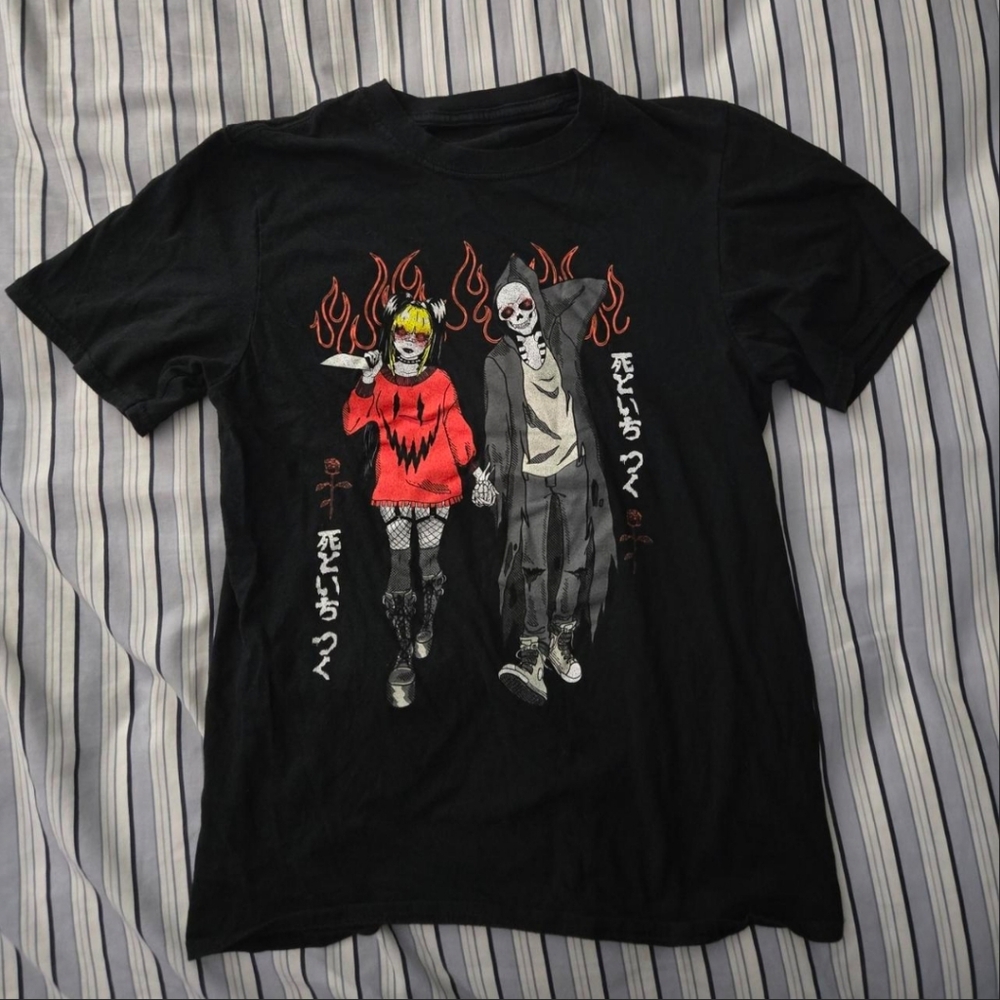 Black Graphic T-Shirt with Girl and Skeleton Design